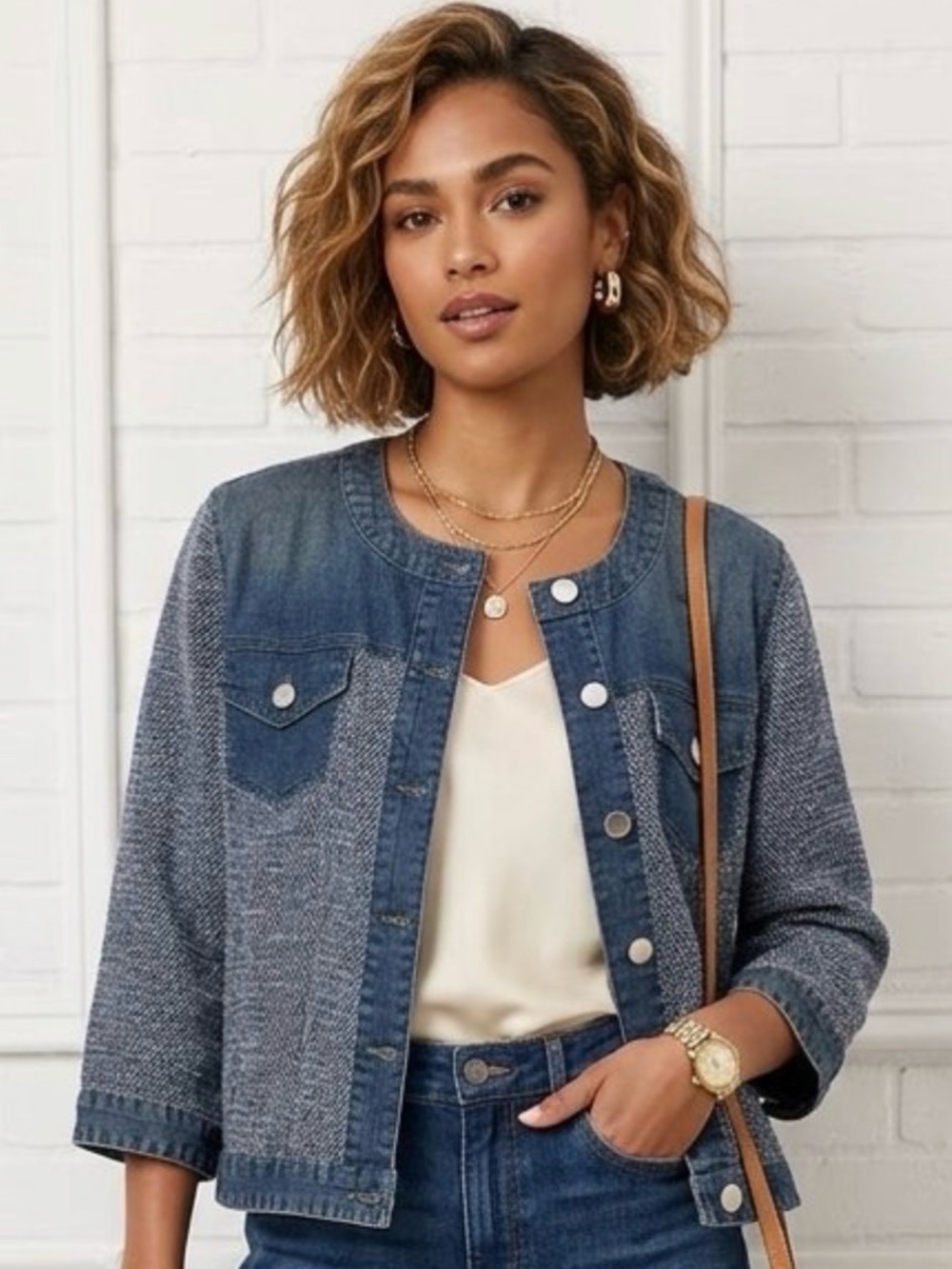 Chico’s Tweed & Denim Trim Collarless Jacket Sz 1 (Medium) Boho Chic
